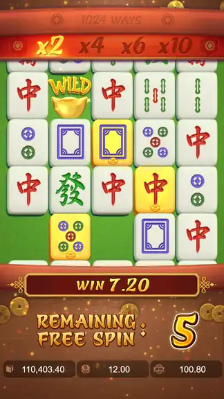 Mahjong Ways Free Spins with 5 remaining spins, Wild symbol active on central reel, balance $110,403.40