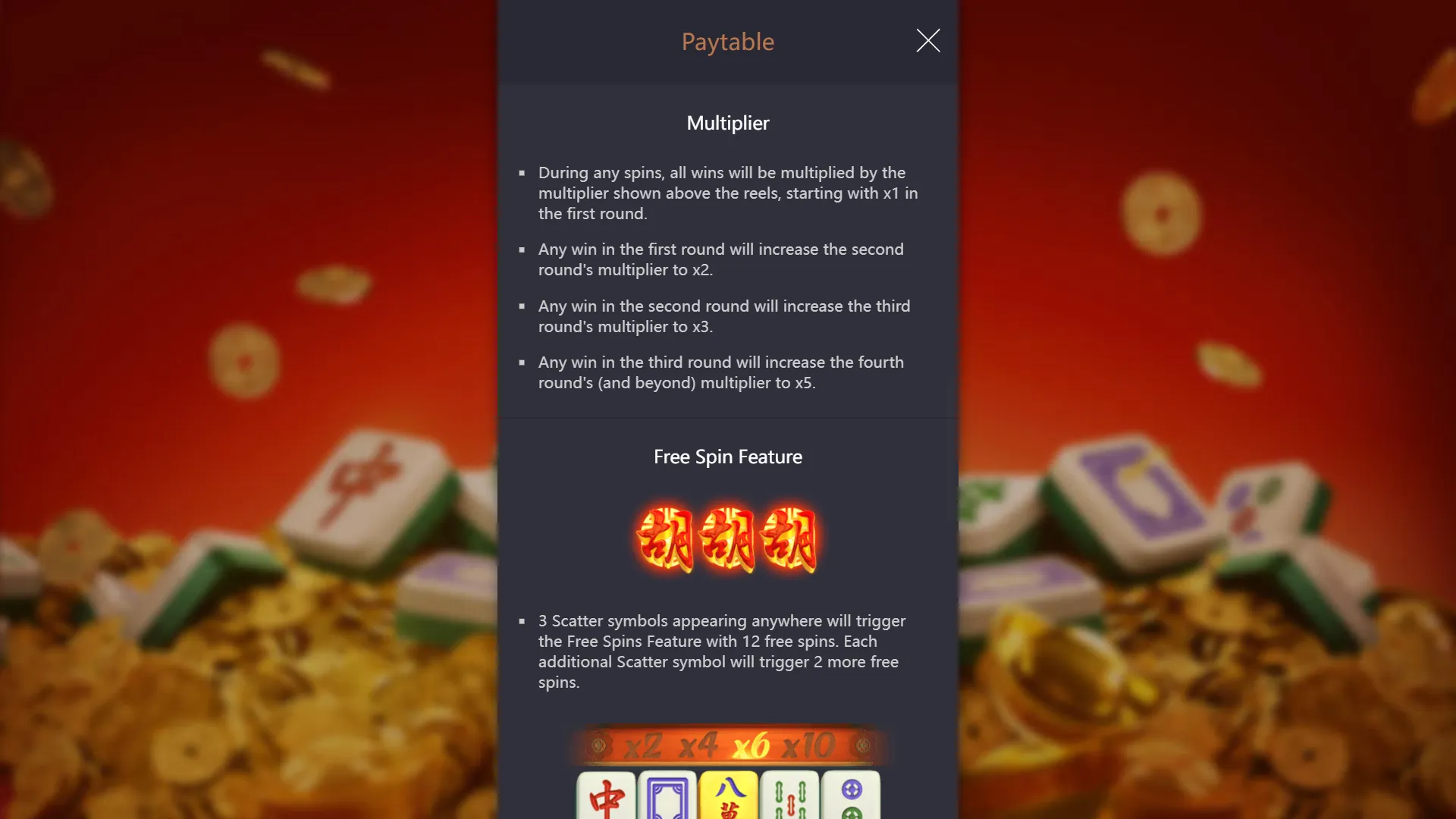 Mahjong Ways Free Spins mode showing x2 x4 x6 x10 multiplier track and scatter symbols on the 5x4 grid