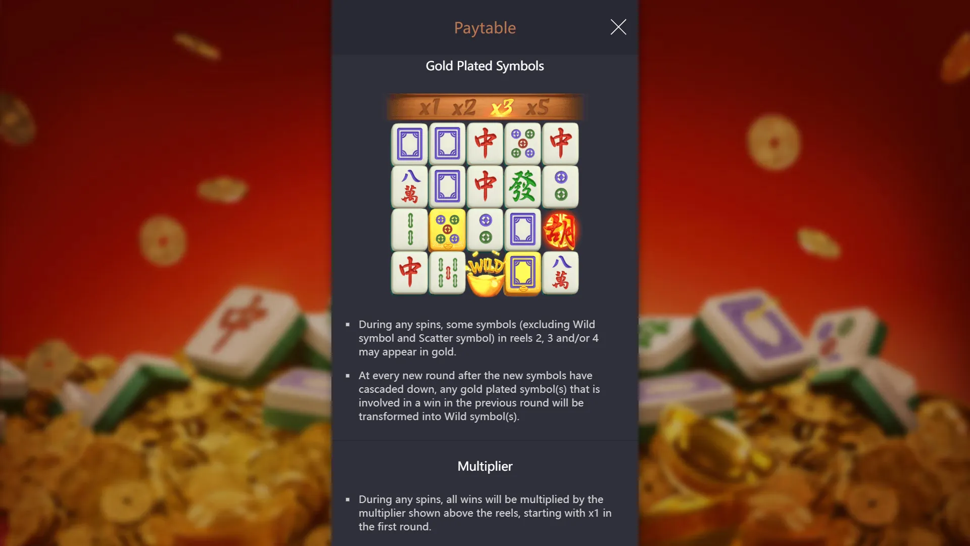 Mahjong Ways diagram showing Gold Plated symbols on reels 2, 3, and 4 with x1 x2 x3 x5 multiplier track above